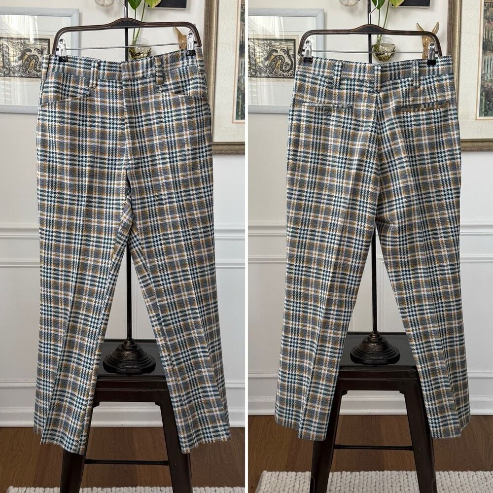 Vintage 70s Haggar Green Grey Mustard Plaid Flared Polyester Pants 34 S